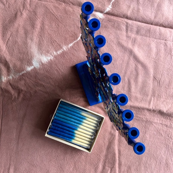 Laser Cut Hanukkah Menorah - Pomegranates + Birds, Cobalt Blue - Picture 6 of 10